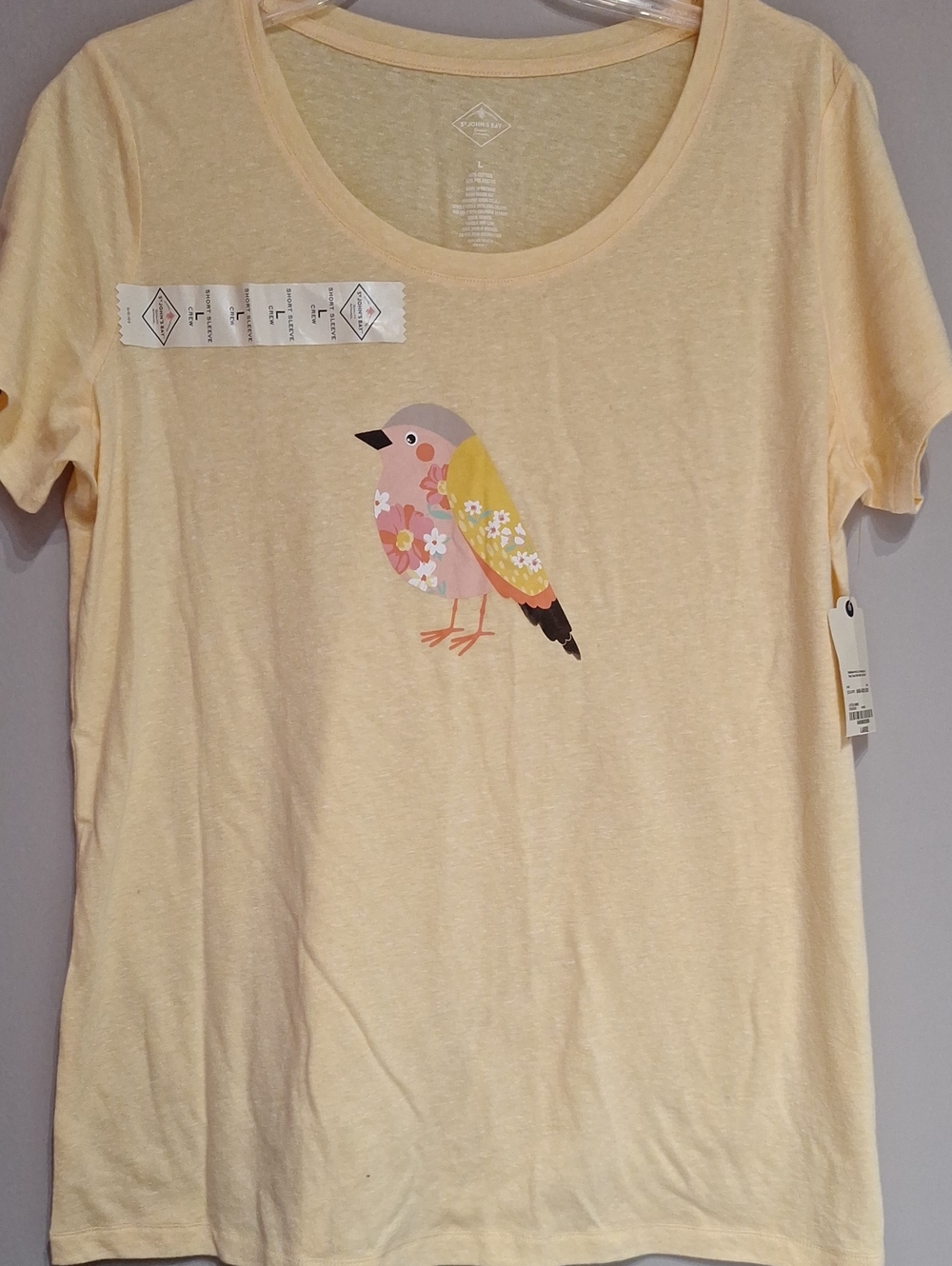 St. John's Bay Pale Yellow Tee with Floral Bird Graphic